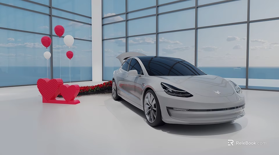 White Car in Bright Indoor Space with Red White Balloons Heart Decorations and Ocean View 3d model 