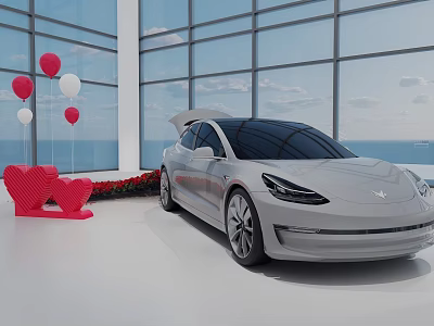 White Car in Bright Indoor Space with Red White Balloons Heart Decorations and Ocean View 3d model