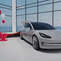 White Car in Bright Indoor Space with Red White Balloons Heart Decorations and Ocean View