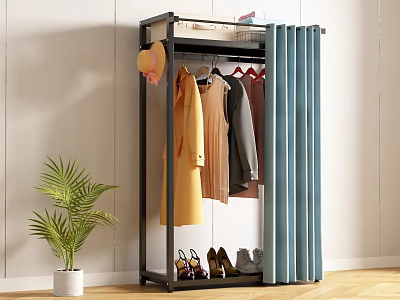 Modern Black Clothes Rack With Hanging Clothes Top Basket And Shoes At Bottom 3d model