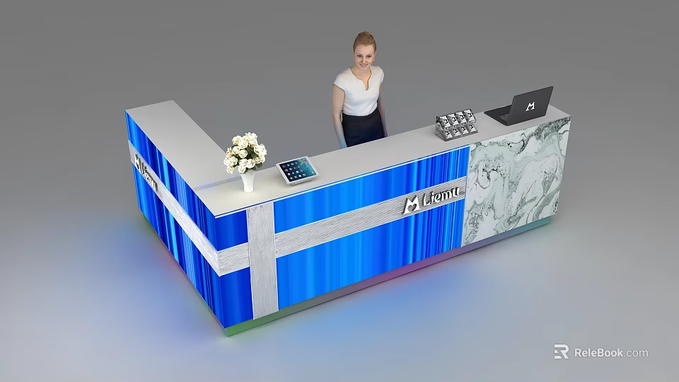 Modern Blue White Reception Desk With Flower Arrangement Tablet Laptop And Logo 3d model 