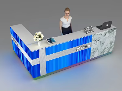 Modern Blue White Reception Desk With Flower Arrangement Tablet Laptop And Logo 3d model