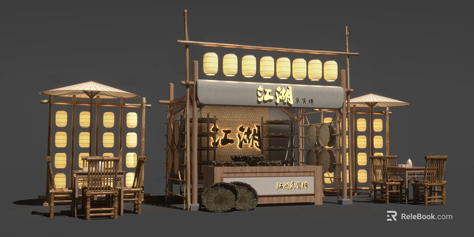 Traditional Chinese Jianghu Themed Stall With Bamboo Structure Lanterns And Straw Rolls 3d model 