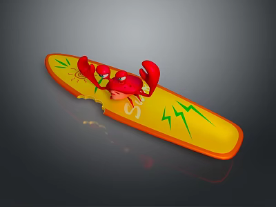 Red Crab Riding On Yellow Surfboard With Green Lightning Patterns And Sun Design 3d model