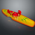 Red Crab Riding On Yellow Surfboard With Green Lightning Patterns And Sun Design