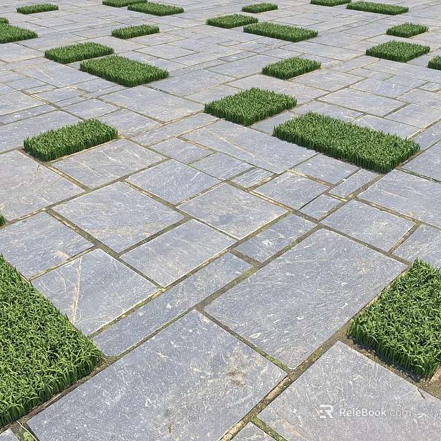 Gray Stone Pavement Ground With Regular Pattern And Square Grass Plots 3d model