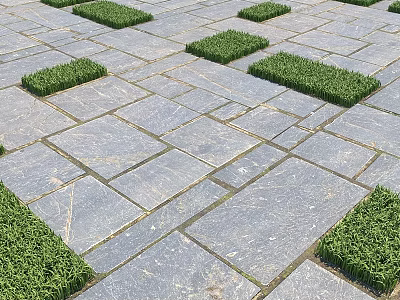 Gray Stone Pavement Ground With Regular Pattern And Square Grass Plots 3d model