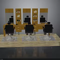 Modern Barbershop Interior With Black Barber Chairs Mirrors Wooden Counter And Hair Product Shelves