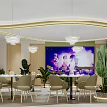 Modern Restaurant Interior With Curved Design Green Plants Gold Accents And Sculpture
