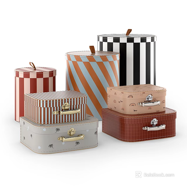 Decorative Storage Boxes With Various Patterns Stripes Checkered Polka Dots And Metal Latches 3d model 