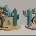 Green Cactus Shaped Cat Trees with Wooden Pink Base Small Cat Bed and Toy