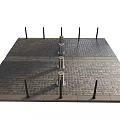 Outdoor Brick Paved Area With Black Posts Cylindrical Bollards And Central Path 3d model