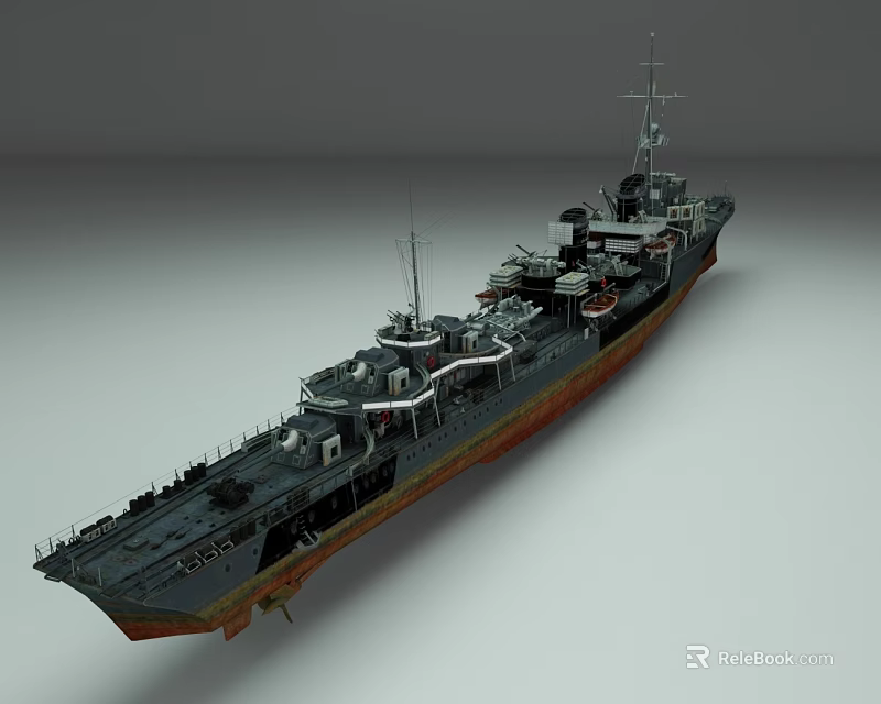 Detailed Warship Model With Dark Hull Rusty Sections And Deck Turrets 3d model 