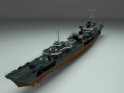 Detailed Warship Model With Dark Hull Rusty Sections And Deck Turrets 3d model
