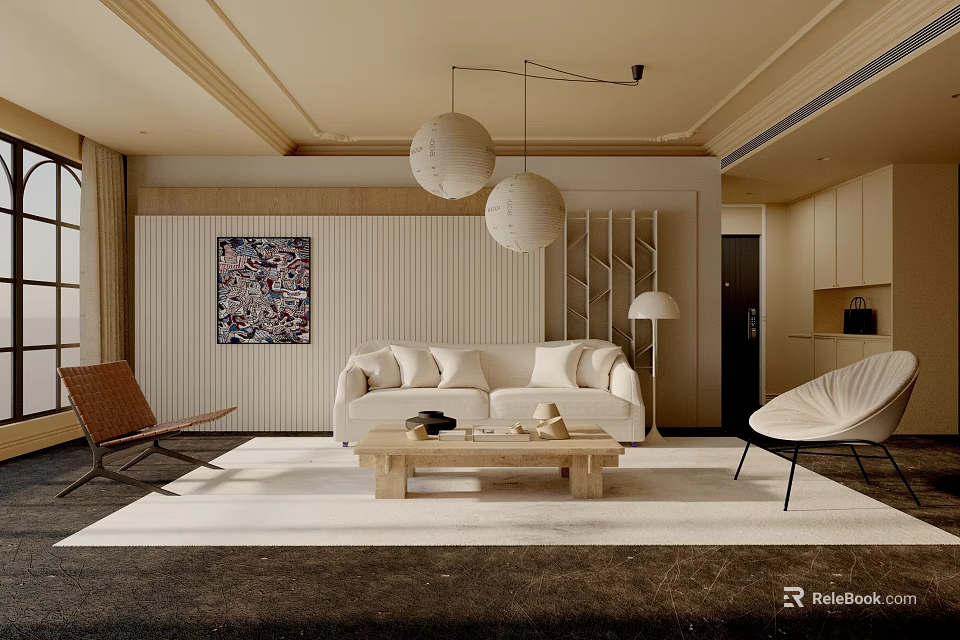 Modern Living Room Interior With White Sofa Wooden Coffee Table And Round Pendant Lights 3d model 