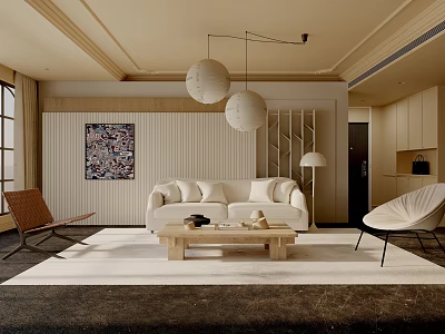 Modern Living Room Interior With White Sofa Wooden Coffee Table And Round Pendant Lights 3d model