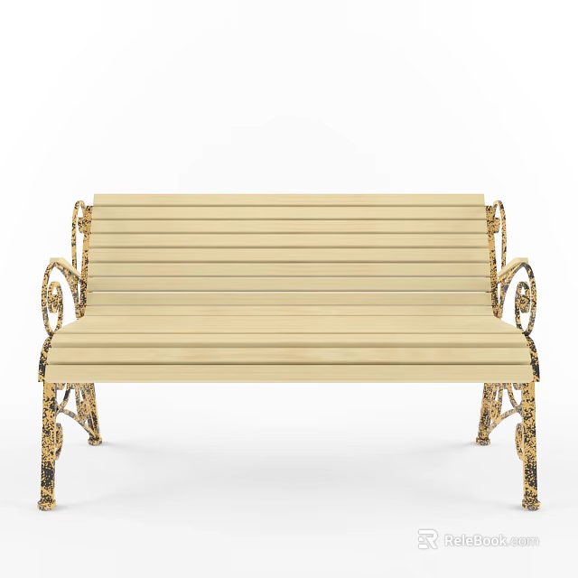Elegant Beige Wooden Outdoor Bench With Gold Carved Armrests And Legs 3d model 
