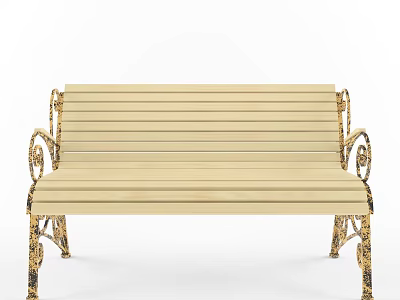 Elegant Beige Wooden Outdoor Bench With Gold Carved Armrests And Legs 3d model