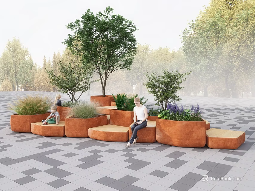 Orange Curved Outdoor Chairs With Green Plants And Trees On Gray Square Tiles People Sitting 3d model 