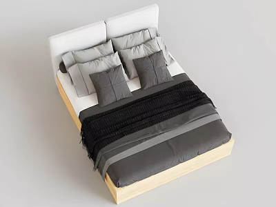 Double Bed Featuring White Headboard Wooden Frame Gray Pillows and Black Bedspread 3d model
