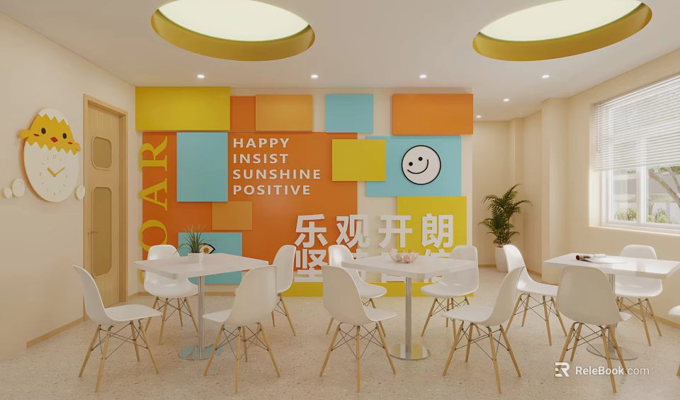 Colorful Café Interior With Happy Insist Shine Positive Quotes Smiley Face White Chairs And Tables 3d model 