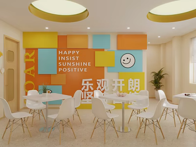 Colorful Café Interior With Happy Insist Shine Positive Quotes Smiley Face White Chairs And Tables 3d model