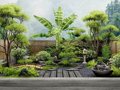 Lush Courtyard Garden With Wooden Pathway Bamboo Fence Stone Lantern And Banana Leaf Plant 3d model