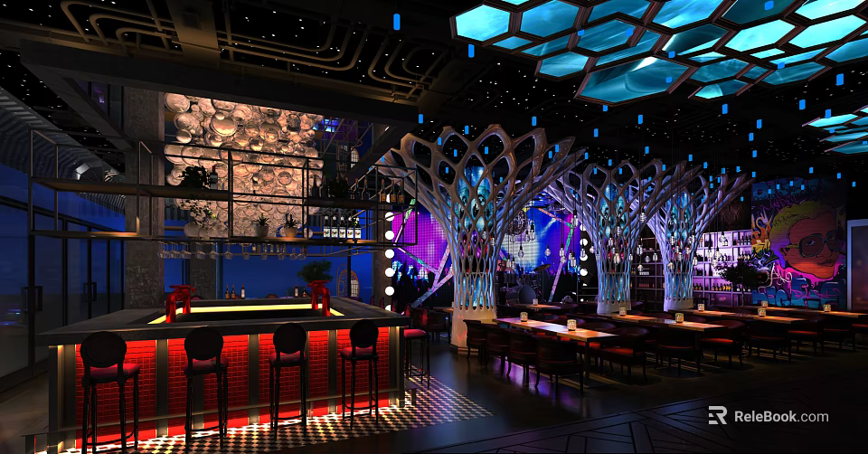 Modern Bar Interior Design With Colorful Lighting Tree Shaped Decorations Counter And Seating 3d model 
