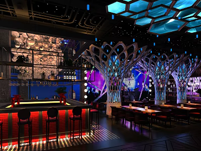 Modern Bar Interior Design With Colorful Lighting Tree Shaped Decorations Counter And Seating 3d model