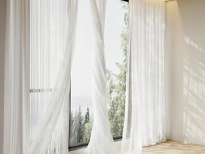 White Sheer Curtains For Indoor Window With Sunlight Filtering Through Trees Outside 3d model