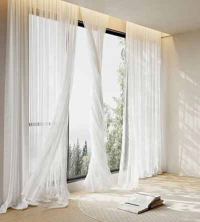 White Sheer Curtains For Indoor Window With Sunlight Filtering Through Trees Outside 3d model