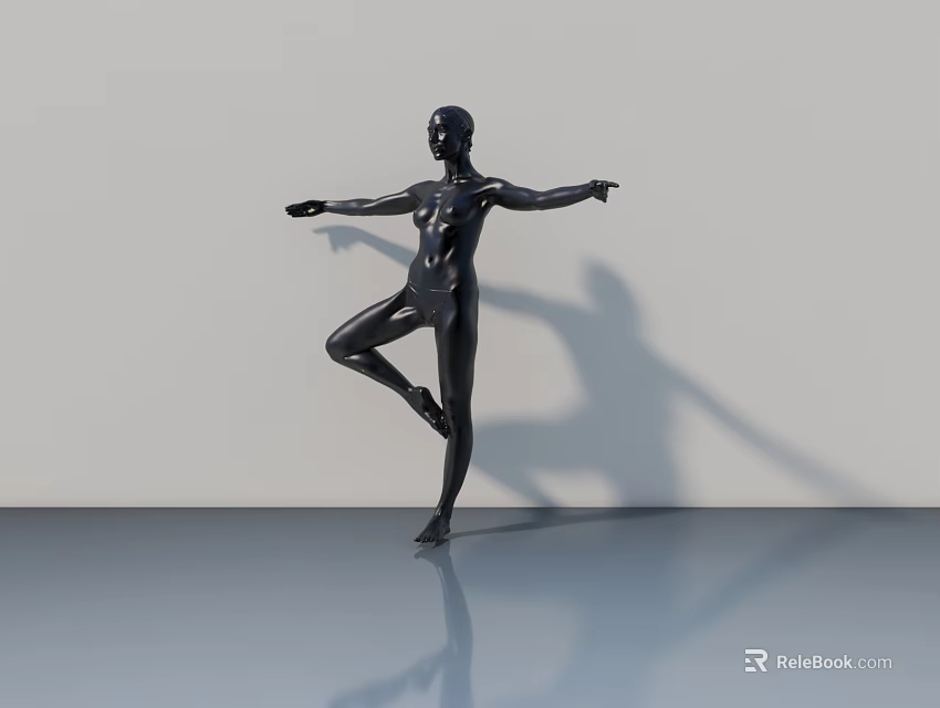 Black Human Sculpture In Single Leg Standing Pose With Outstretched Arms And Shadow On Smooth Floor 3d model 