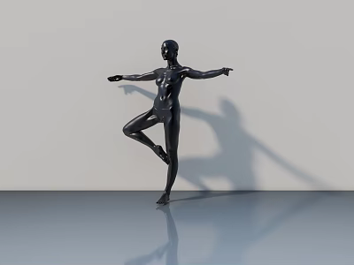 Black Human Sculpture In Single Leg Standing Pose With Outstretched Arms And Shadow On Smooth Floor 3d model
