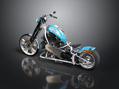 Custom Blue Chopper Motorcycle With Flame Graphics And Chrome Wheel Accents 3d model