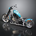 Custom Blue Chopper Motorcycle With Flame Graphics And Chrome Wheel Accents