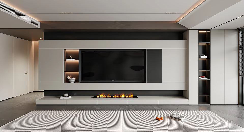 Modern TV Wall Design With Fireplace And Lighted Storage Cabinets 3d model 