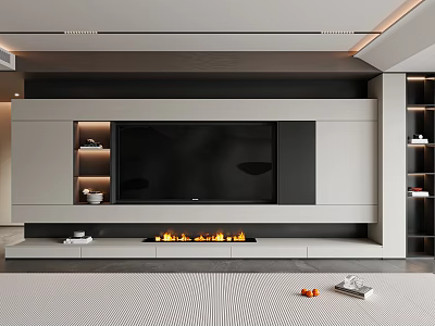 Modern TV Wall Design With Fireplace And Lighted Storage Cabinets 3d model
