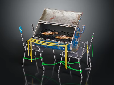 Blue Silver Metal Grill With Grilled Meat And Green Yellow Rope Chairs 3d model