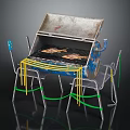 Blue Silver Metal Grill With Grilled Meat And Green Yellow Rope Chairs