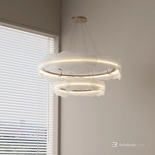 Modern Double Ring Chandelier With White Wavy Shade And Soft Lighting In Minimalist Interior 3d model 