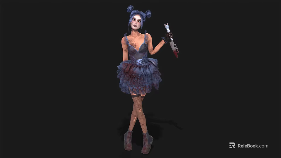 Woman With Pigtails And Makeup In Dark Tulle Dress Holding Bloody Knife And Boots 3d model 