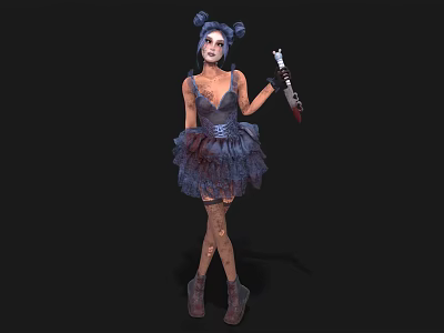 Woman With Pigtails And Makeup In Dark Tulle Dress Holding Bloody Knife And Boots 3d model