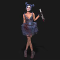 Woman With Pigtails And Makeup In Dark Tulle Dress Holding Bloody Knife And Boots
