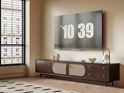 Modern Dark Wood TV Stand With Storage Drawers Cabinet Doors And Decorative Items 3d model