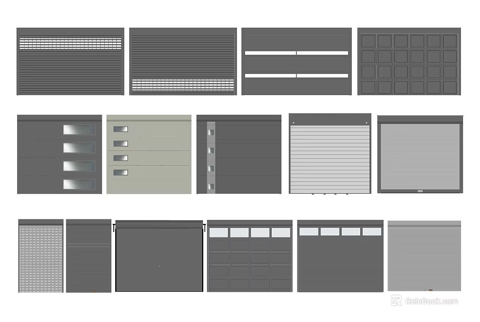Various Modern Garage Door Designs With Different Panel And Grille Styles 3d model