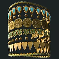 Golden Jewelry Piece With Blue Gemstones Decorative Patterns Beads Heart Shaped Designs And Zigzag Edges