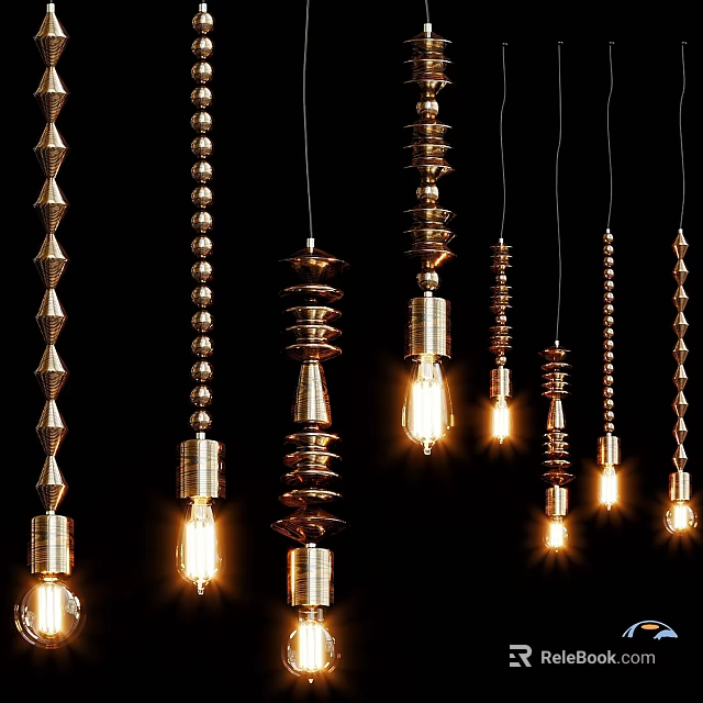 Various Hanging Decorative Metallic Chandeliers With Unique Designs And Illuminated Bulbs 3d model 