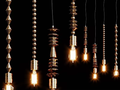 Various Hanging Decorative Metallic Chandeliers With Unique Designs And Illuminated Bulbs 3d model