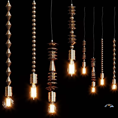 Various Hanging Decorative Metallic Chandeliers With Unique Designs And Illuminated Bulbs 3d model