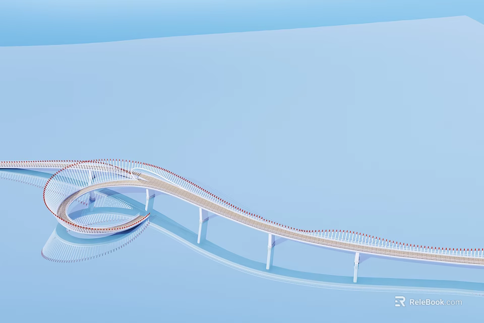 Modern Spiral Bridge Architectural Design Over Blue Water Surface With Reflection 3d model 